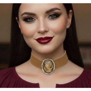 Gold Velvet Cameo Choker Necklace with Rhinestone Frame
